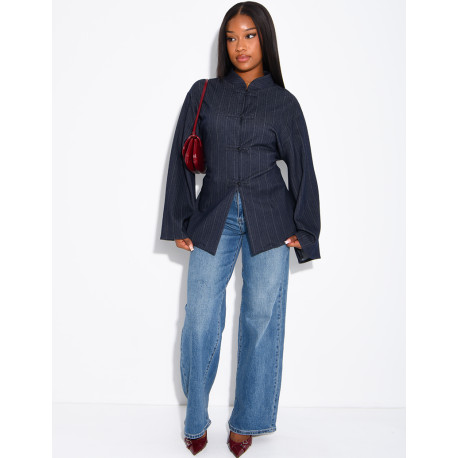 Long-sleeved denim blouse with Asian-style fastenings