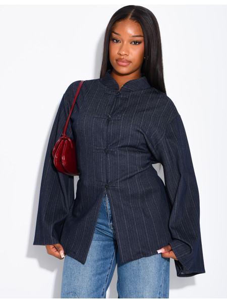 Long-sleeved denim blouse with Asian-style fastenings