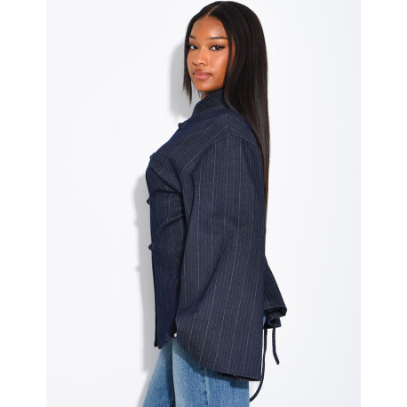Long-sleeved denim blouse with Asian-style fastenings