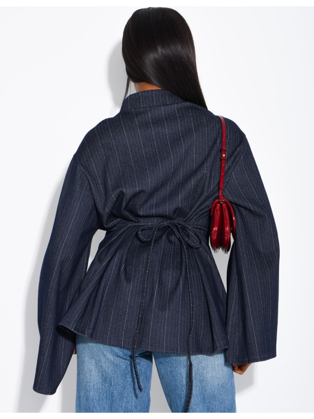 Long-sleeved denim blouse with Asian-style fastenings