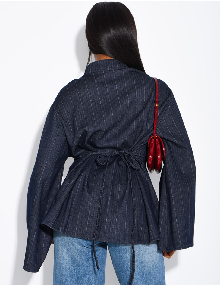 Long-sleeved denim blouse with Asian-style fastenings