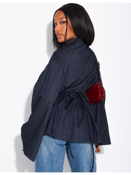 Long-sleeved denim blouse with Asian-style fastenings