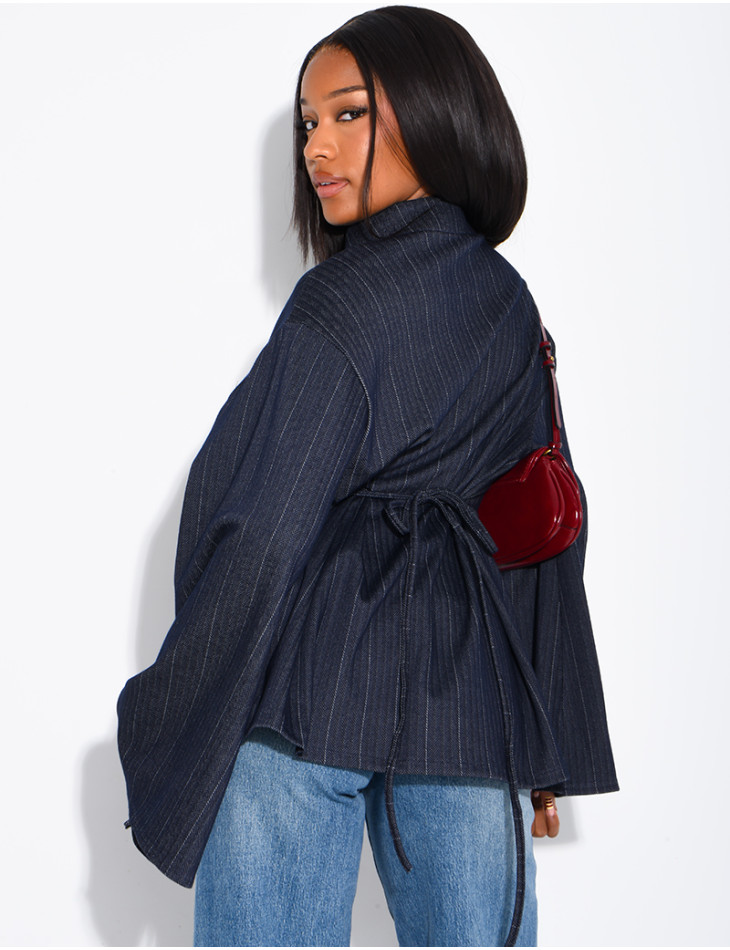 Long-sleeved denim blouse with Asian-style fastenings