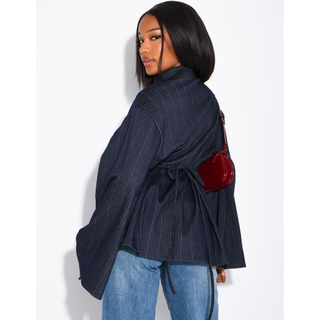 Long-sleeved denim blouse with Asian-style fastenings