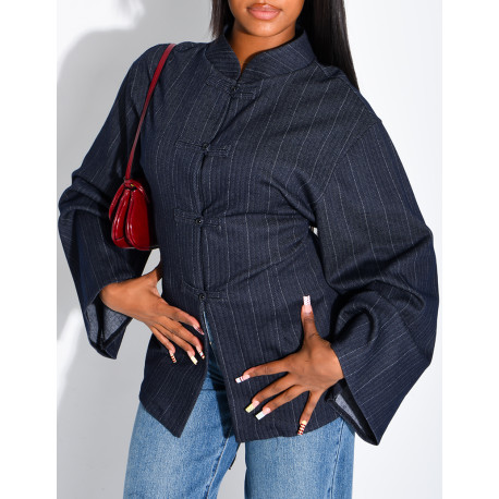Long-sleeved denim blouse with Asian-style fastenings