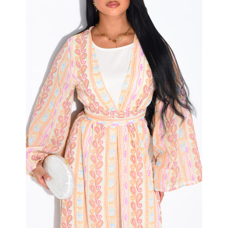 Ensemble robe sans manches et kimono à broderies & strass avec ceinture assortie
