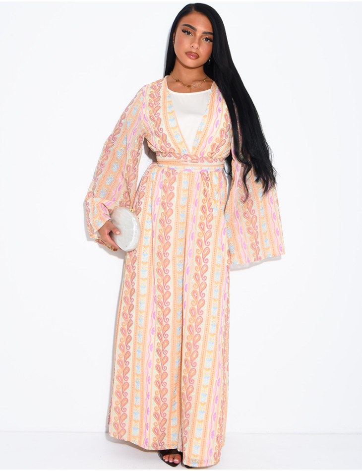 Ensemble robe sans manches et kimono à broderies & strass avec ceinture assortie