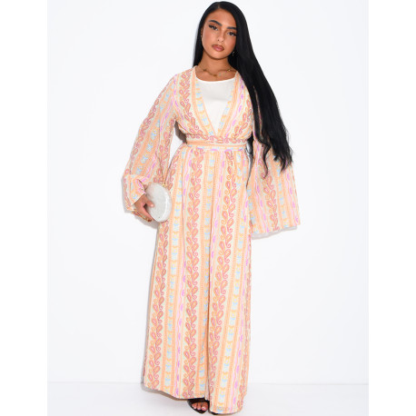 Ensemble robe sans manches et kimono à broderies & strass avec ceinture assortie