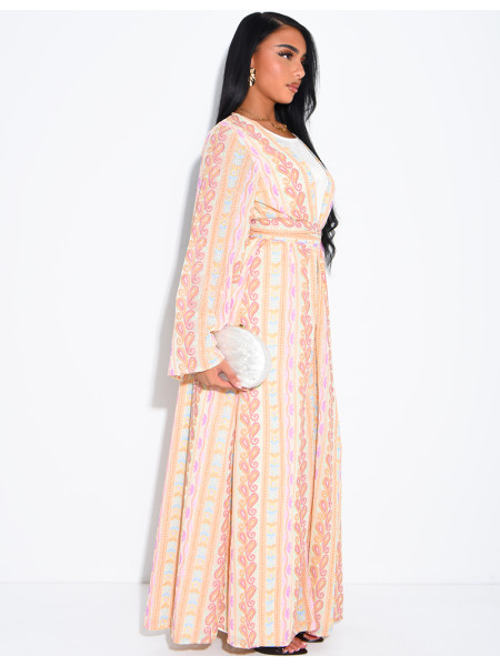 Ensemble robe sans manches et kimono à broderies & strass avec ceinture assortie