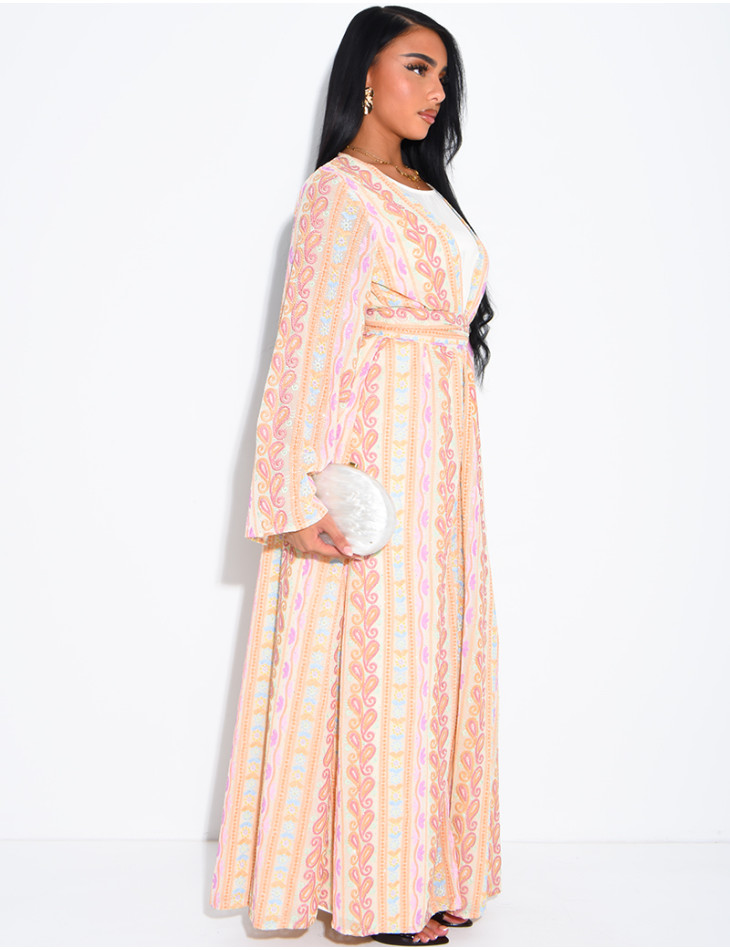 Ensemble robe sans manches et kimono à broderies & strass avec ceinture assortie