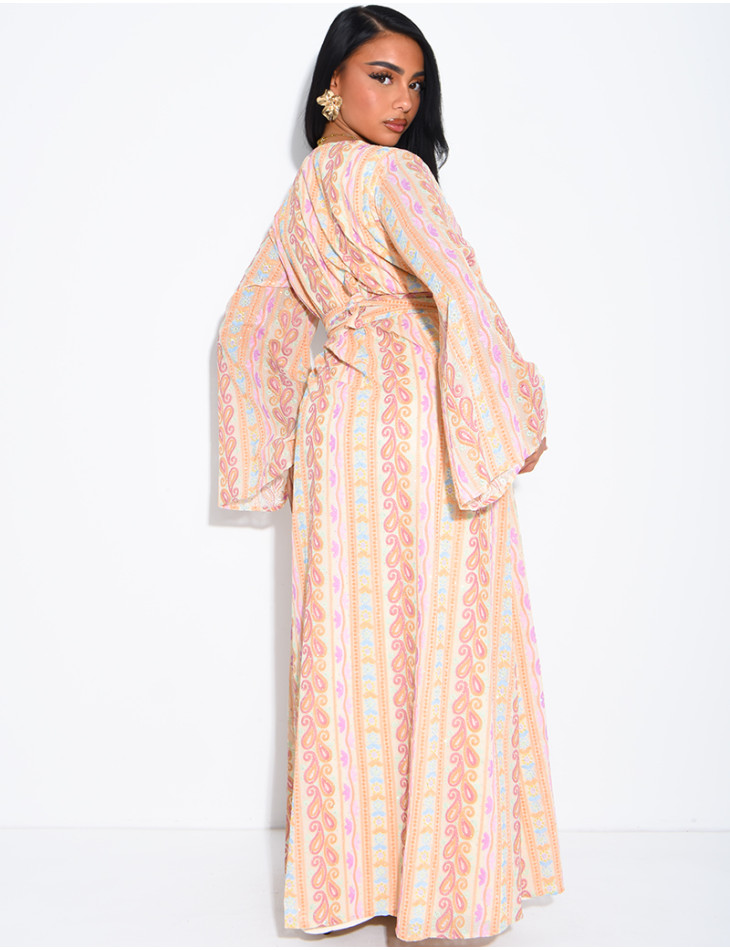 Ensemble robe sans manches et kimono à broderies & strass avec ceinture assortie