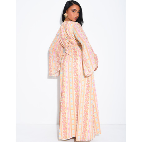 Ensemble robe sans manches et kimono à broderies & strass avec ceinture assortie