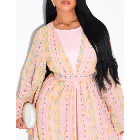 Ensemble robe sans manches et kimono à broderies & strass avec ceinture assortie