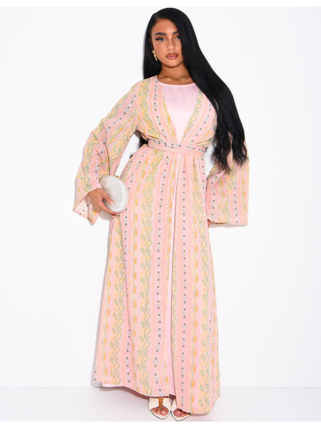 Ensemble robe sans manches et kimono à broderies & strass avec ceinture assortie