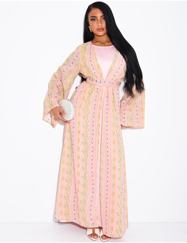 Ensemble robe sans manches et kimono à broderies & strass avec ceinture assortie