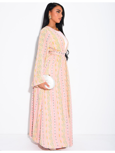 Ensemble robe sans manches et kimono à broderies & strass avec ceinture assortie