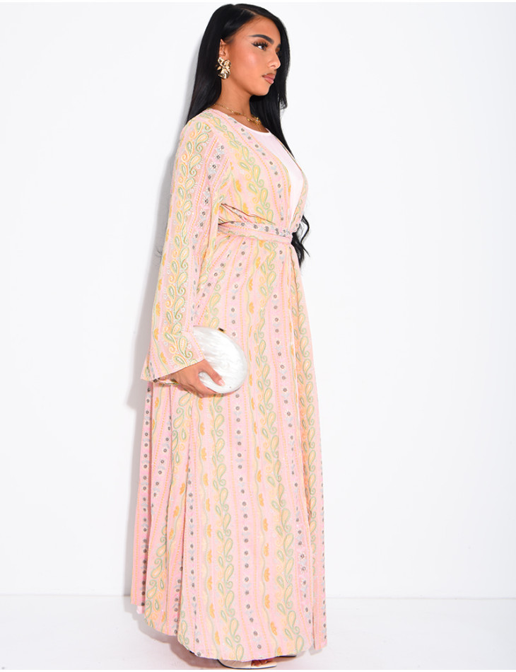 Ensemble robe sans manches et kimono à broderies & strass avec ceinture assortie