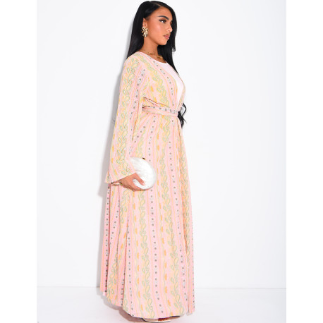 Ensemble robe sans manches et kimono à broderies & strass avec ceinture assortie