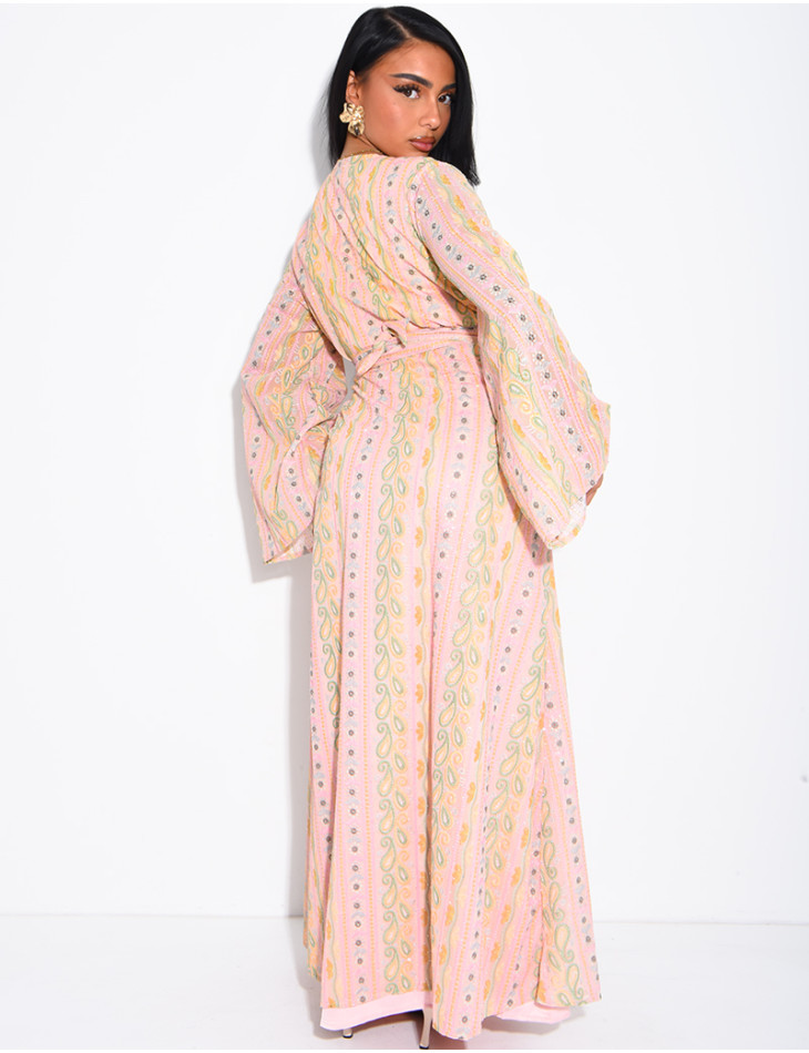 Ensemble robe sans manches et kimono à broderies & strass avec ceinture assortie