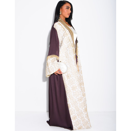 Abaya premium en satin brodé et pompons avec sous robe assortie