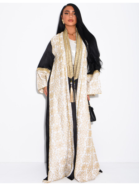 Abaya premium en satin brodé et pompons avec sous robe assortie