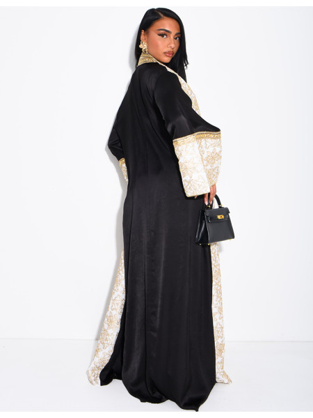 Abaya premium en satin brodé et pompons avec sous robe assortie