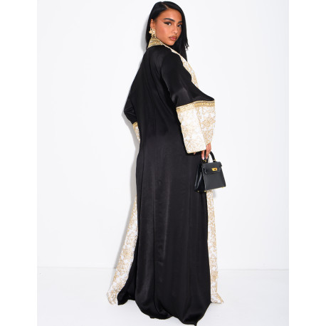Abaya premium en satin brodé et pompons avec sous robe assortie