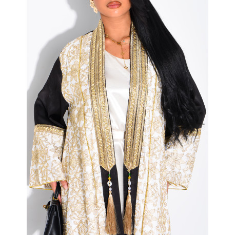 Abaya premium en satin brodé et pompons avec sous robe assortie