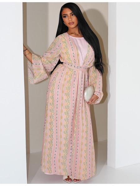 Ensemble robe sans manches et kimono à broderies & strass avec ceinture assortie