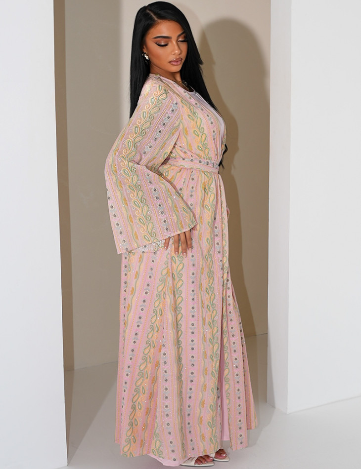 Ensemble robe sans manches et kimono à broderies & strass avec ceinture assortie