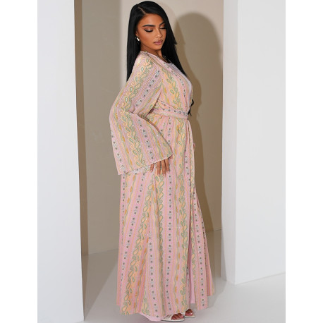 Ensemble robe sans manches et kimono à broderies & strass avec ceinture assortie
