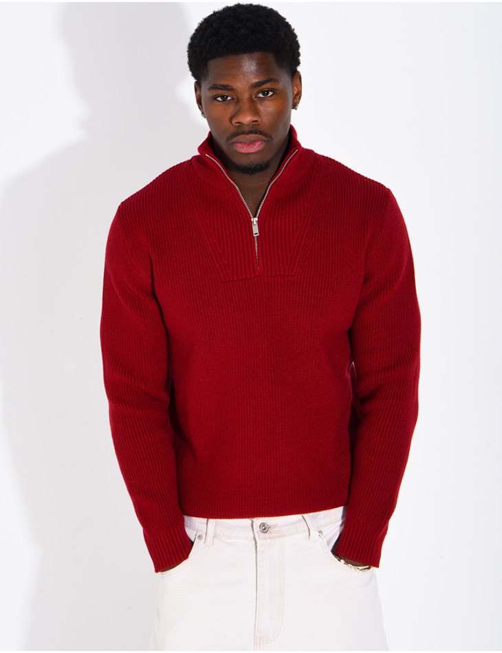 Pullover aus Rippstrick mit Stehkragen und Reißverschluss