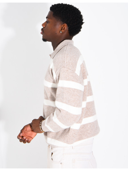 Pull rayé côtelé à col polo