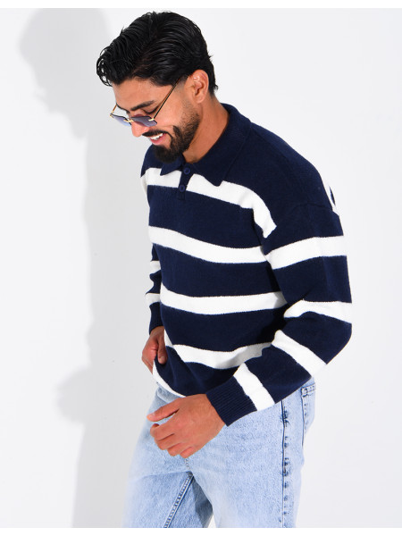Pull rayé côtelé à col polo