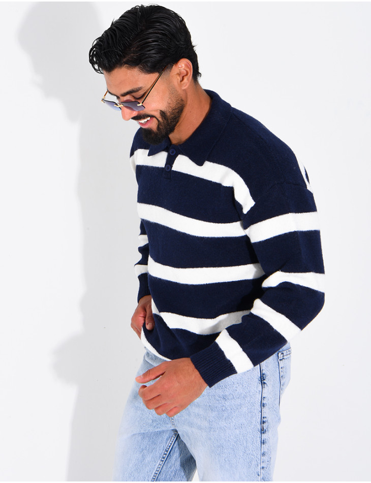 Pull rayé côtelé à col polo