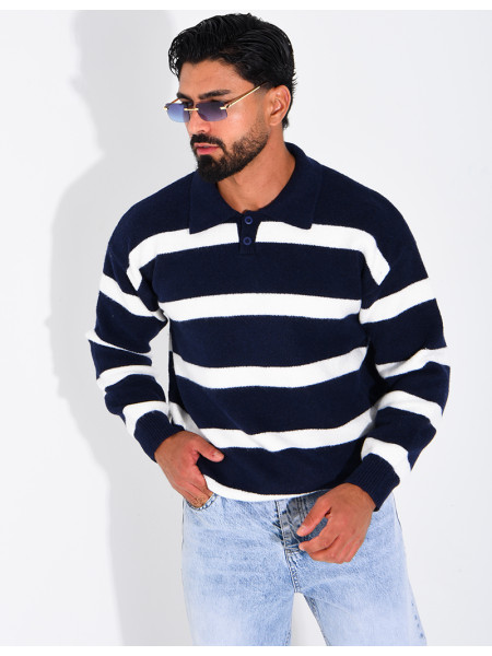 Pull rayé côtelé à col polo