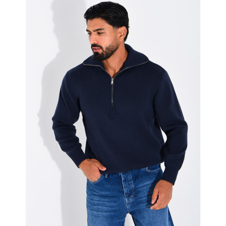 Pull côtelé à col zippé