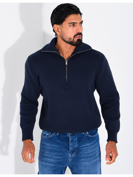Pull côtelé à col zippé