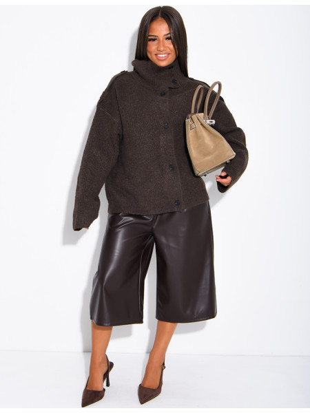Button-front knit cardigan with a stand-up collar