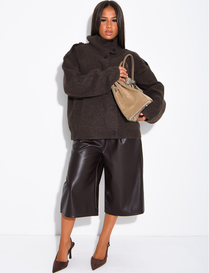 Button-front knit cardigan with a stand-up collar