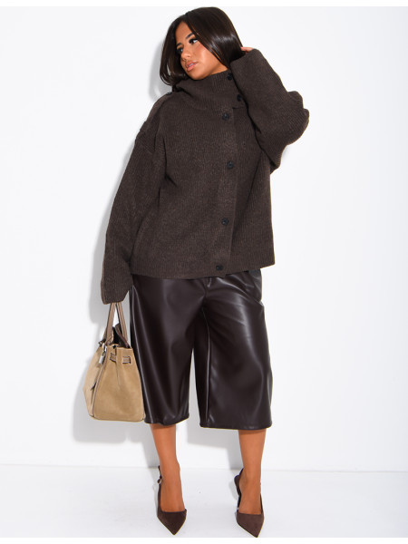 Button-front knit cardigan with a stand-up collar