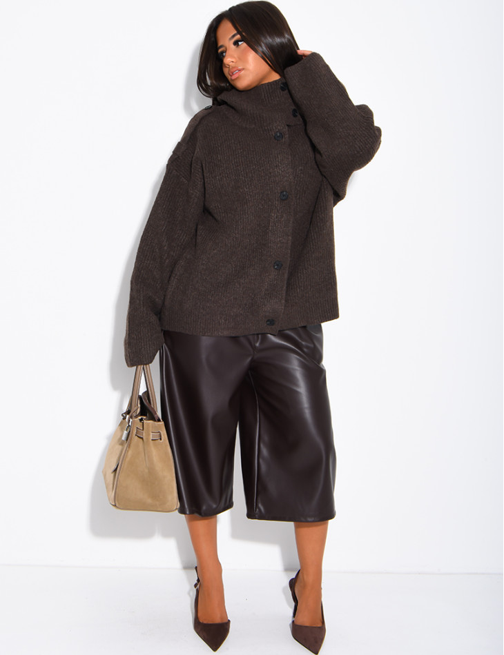 Button-front knit cardigan with a stand-up collar
