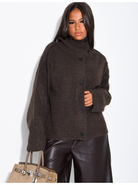 Button-front knit cardigan with a stand-up collar