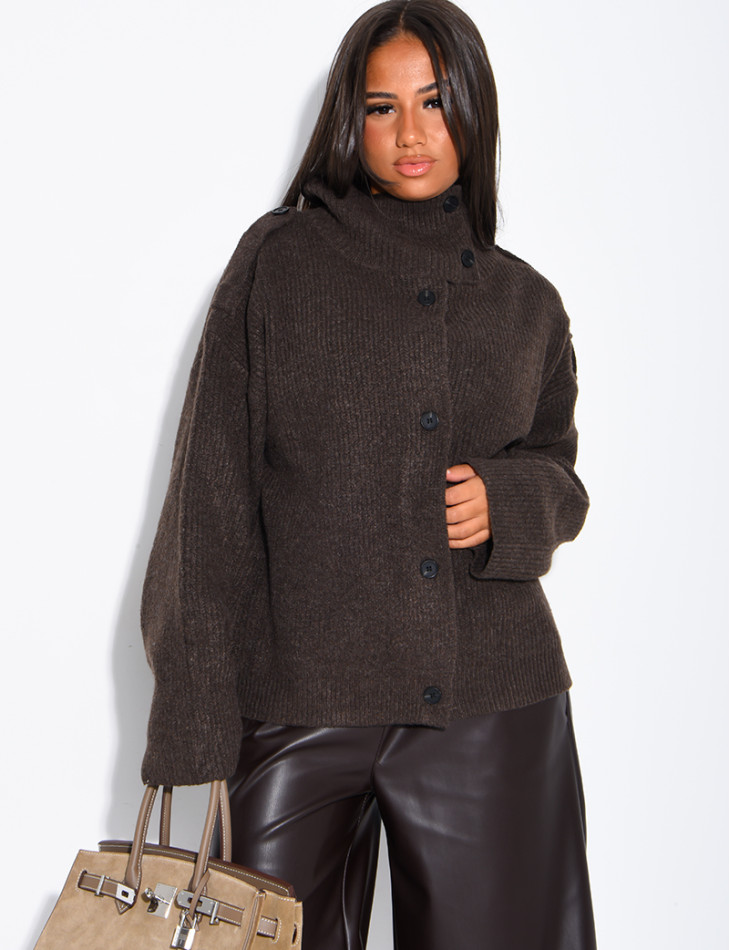 Button-front knit cardigan with a stand-up collar
