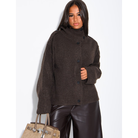 Button-front knit cardigan with a stand-up collar