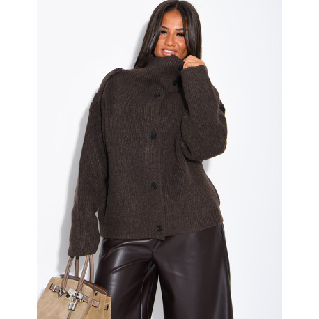 Button-front knit cardigan with a stand-up collar