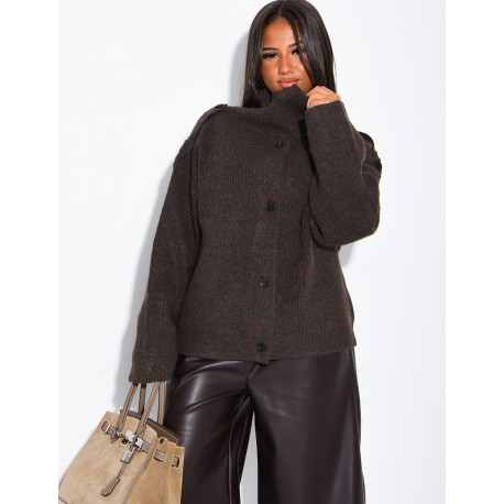 Button-front knit cardigan with a stand-up collar