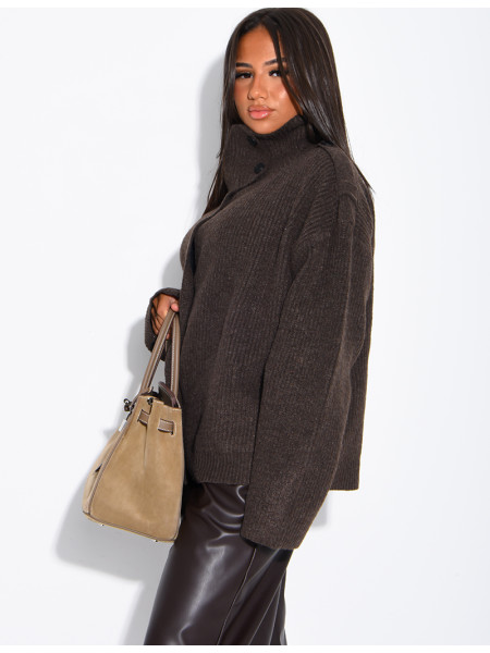 Button-front knit cardigan with a stand-up collar