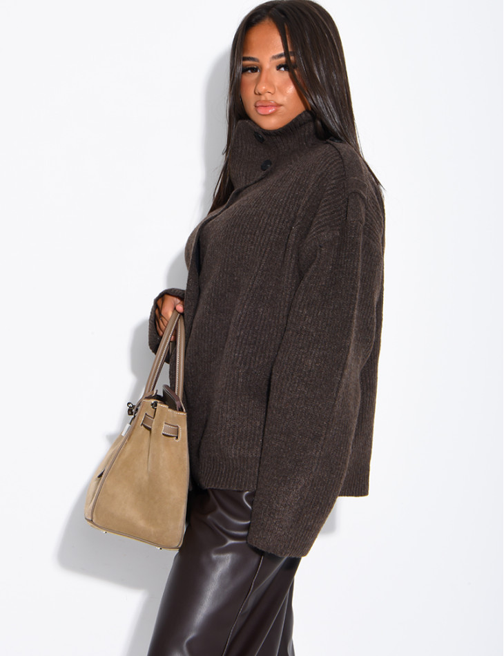 Button-front knit cardigan with a stand-up collar