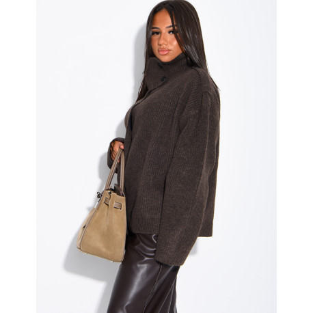 Button-front knit cardigan with a stand-up collar